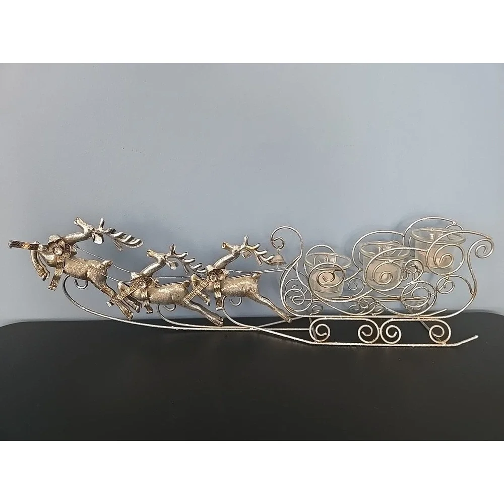 Vintage Silver Tone Metal Sleigh Sled‎ and Reindeer Cande Holder 6